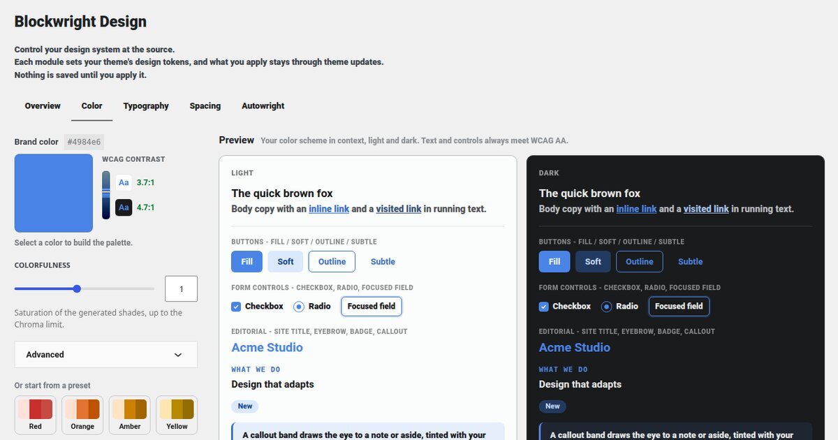 Blockwright Blocks 1.4.0: a color designer for the Blockwright theme